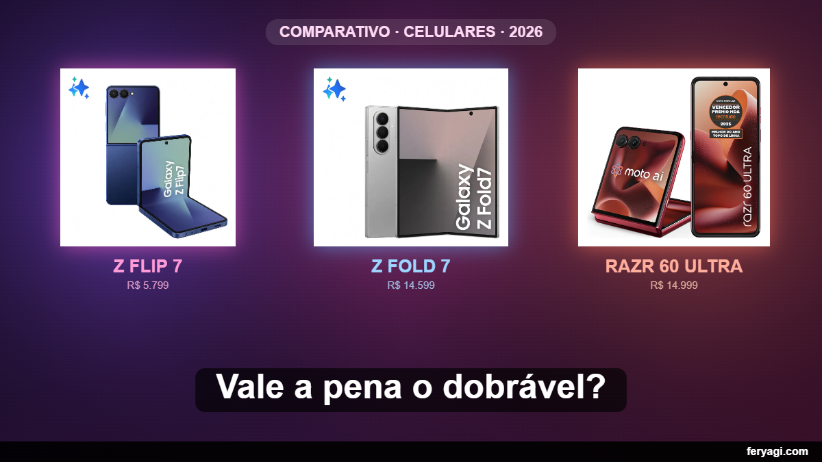 Fold vs Flip 2026: Galaxy Z Fold 7, Z Flip 7 e Razr 60 Ultra (Comparativo completo)