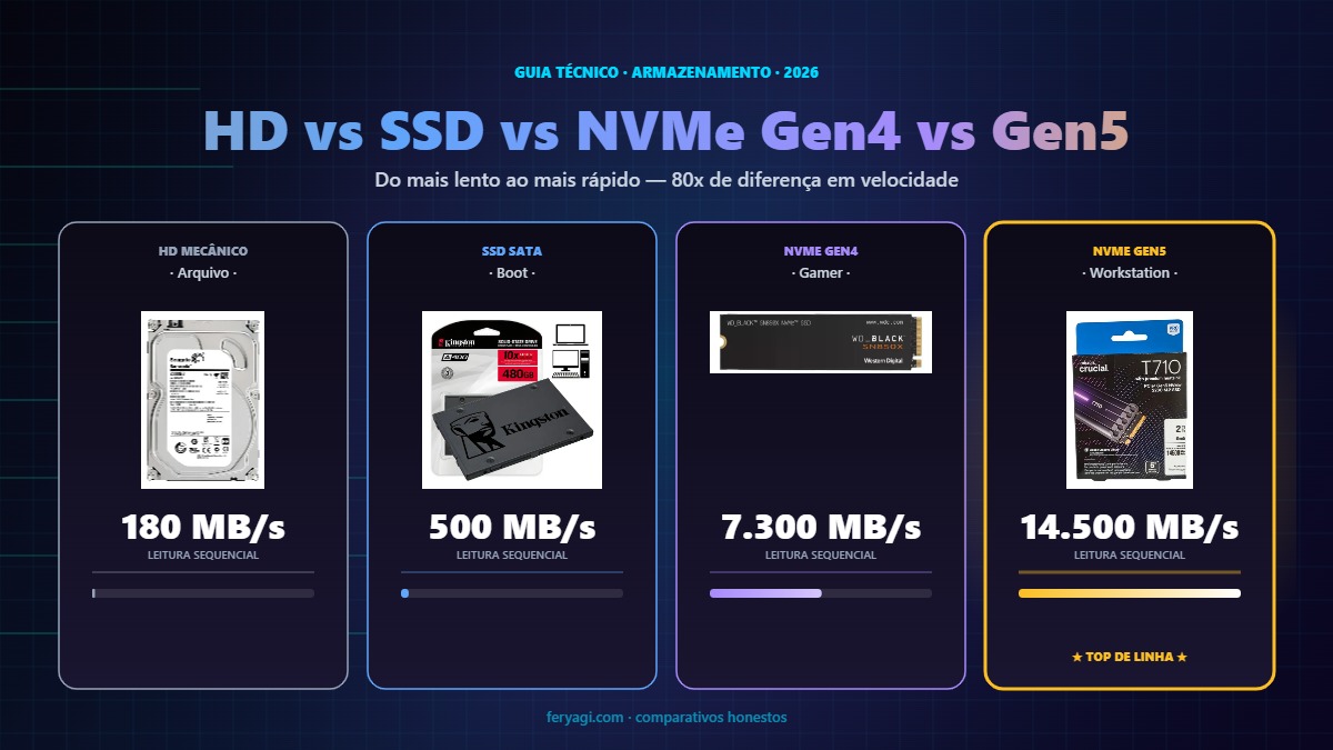HD vs SSD SATA vs NVMe Gen4 vs NVMe Gen5: comparativo completo de armazenamento (2026)