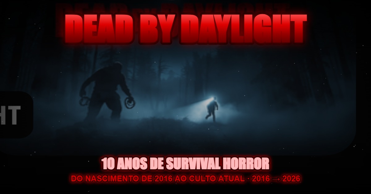 Banner Dead by Daylight 10 anos - Trapper e sobrevivente na floresta