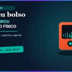 Ilustração autoral de um pequeno dispositivo de IA portátil com tela mostrando ondas de voz