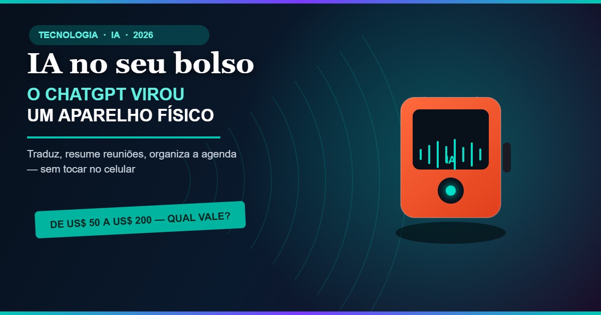 Ilustração autoral de um pequeno dispositivo de IA portátil com tela mostrando ondas de voz