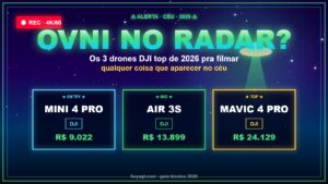 OVNIs no radar? Os 3 drones DJI top de 2026 pra filmar qualquer coisa no céu