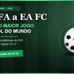 De FIFA a EA Sports FC: a história completa (1993-2026) e tudo sobre o novo EA Sports FC 27 Ilustração autoral de uma bola de futebol sobre um gramado de estádio à noite
