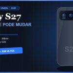 Ilustração autoral da traseira de um smartphone premium com módulo de câmera horizontal e três lentes
