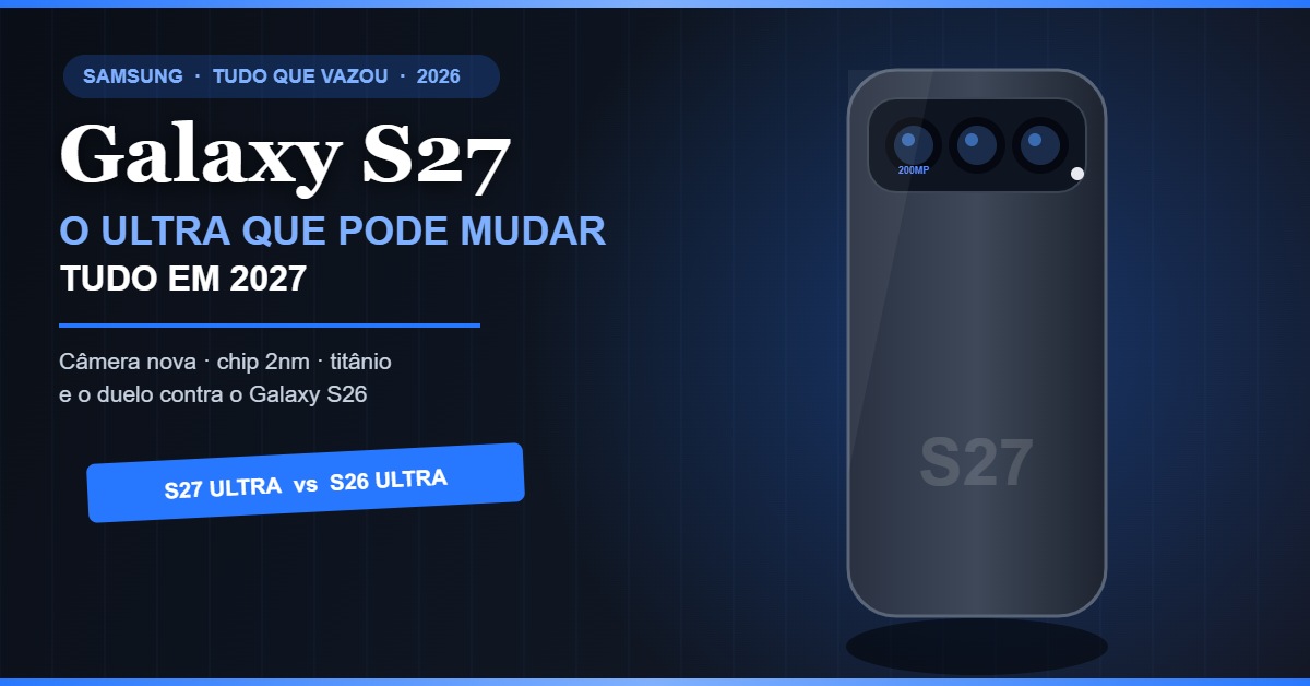 Ilustração autoral da traseira de um smartphone premium com módulo de câmera horizontal e três lentes
