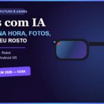 Ilustração autoral de óculos inteligentes com display de IA mostrando tradução em tempo real