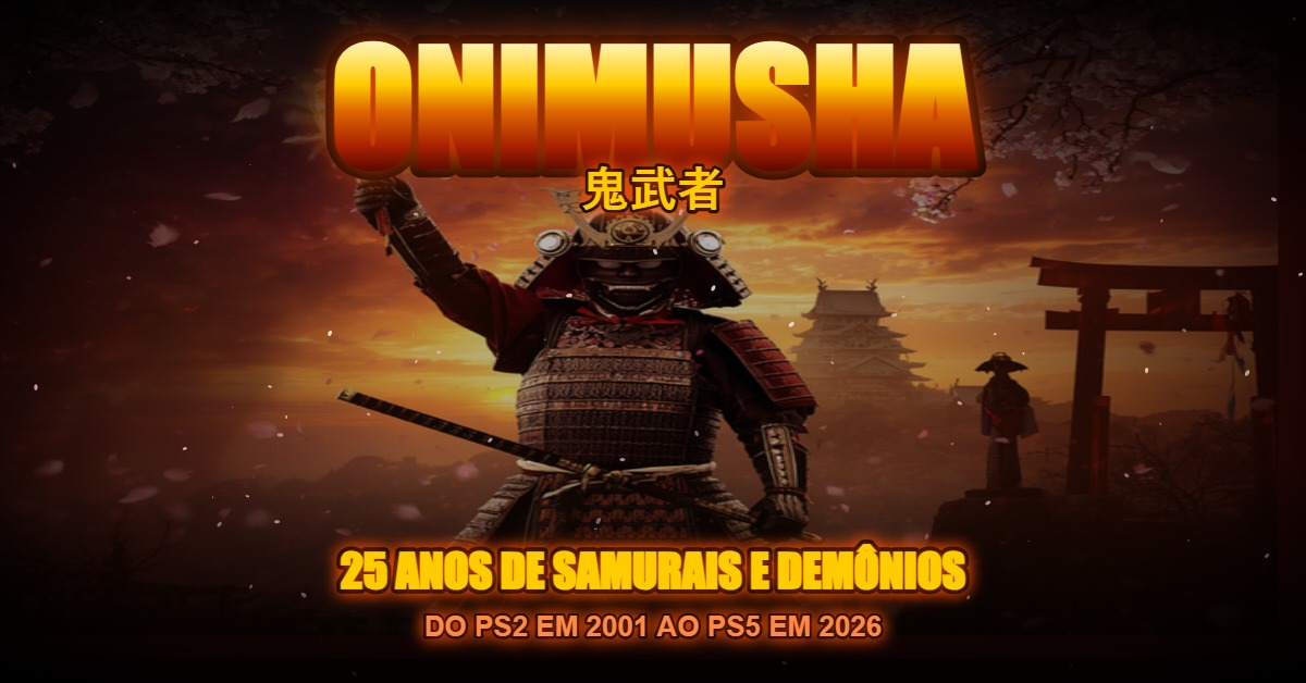 Banner Onimusha samurai com Oni gauntlet dourado castelo japonês