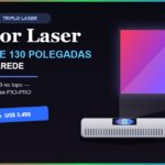 Ilustração autoral de um projetor laser ultra-curta distância projetando uma tela grande e colorida