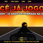 Banner épico Road Rash com moto ao pôr do sol