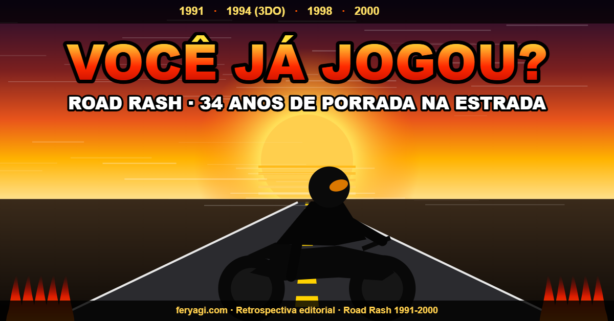 Banner épico Road Rash com moto ao pôr do sol