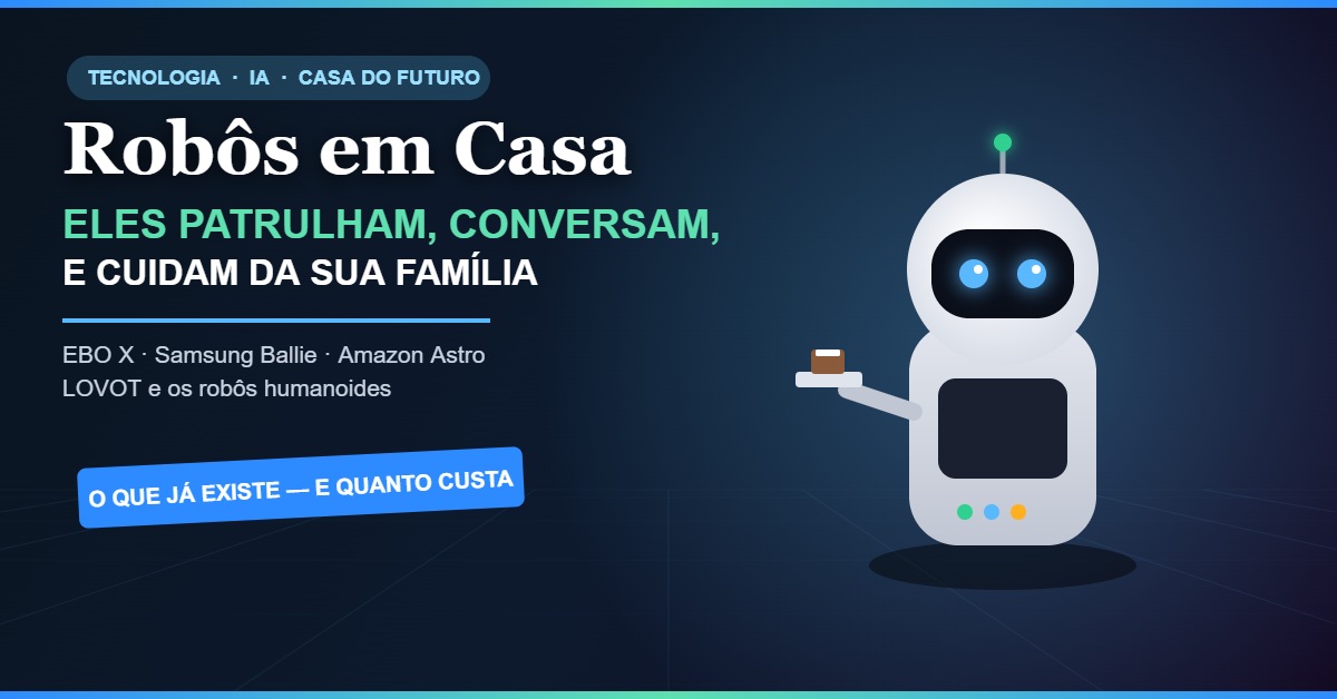 Ilustração autoral de um robô doméstico com IA levando uma xícara, com olhos azuis brilhantes