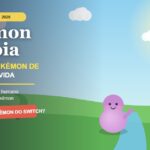 Ilustração autoral de um mundo Pokémon fofo com colinas verdes, casa, árvore e um personagem gelatinoso roxo acenando