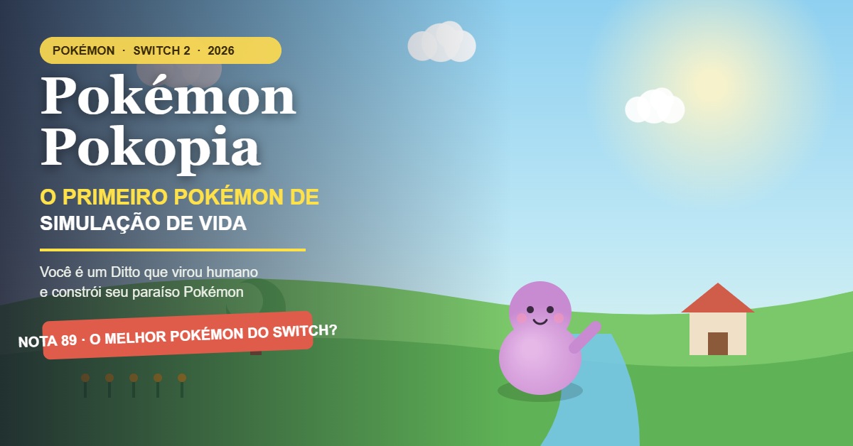 Ilustração autoral de um mundo Pokémon fofo com colinas verdes, casa, árvore e um personagem gelatinoso roxo acenando