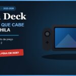 Ilustração autoral de um videogame portátil tipo PC handheld com tela e controles nas laterais