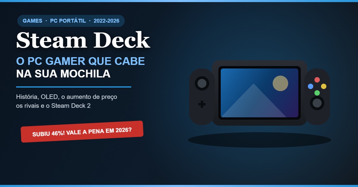 Ilustração autoral de um videogame portátil tipo PC handheld com tela e controles nas laterais